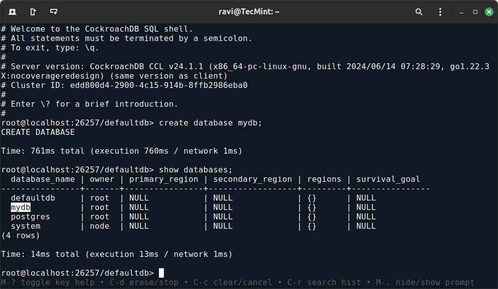 CockroachDB でデータベースを作成する