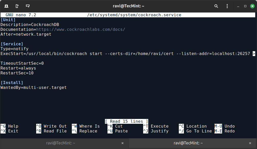 CockroachDB サービス ファイルの変更