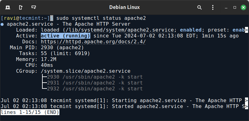 Debian で Apache のステータスを確認する